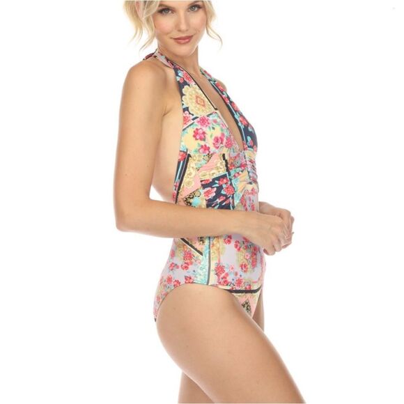 NWT- JOHNNY WAS JAPER PLUNGE ONE PIECE SWIMSUIT-SIZE SMALL- COLORFUL PATCHWORK P - Picture 2 of 16